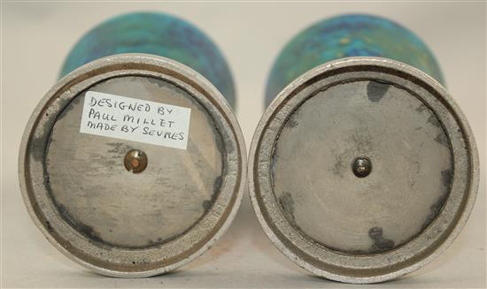 A pair of Paul Milet Sevres Art Deco pottery and chrome electroplate mounted vases and integral covers, c.1930, 25cm.